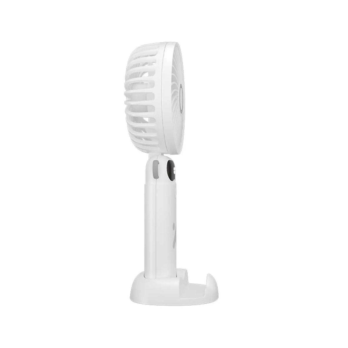 Vista lateral del ventilador portátil Xtech XTA-900 blanco colocado en su base