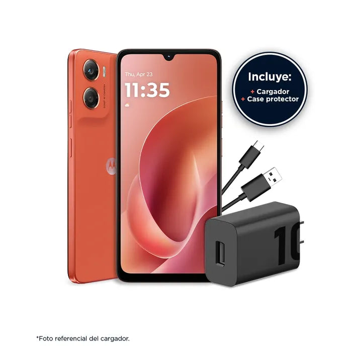 Motorola en tono naranja junto a cargador y cable, con anuncio de case protector