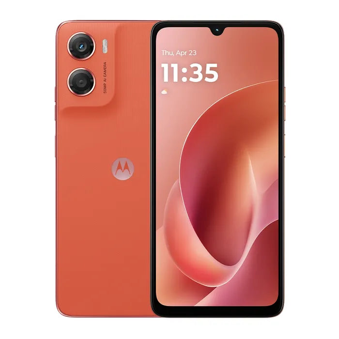 Motorola Moto G06 en tono naranja, vista frontal y posterior