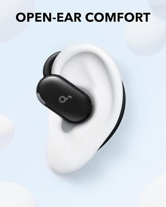Detalle de colocación del audífono Soundcore de oído abierto sobre la oreja