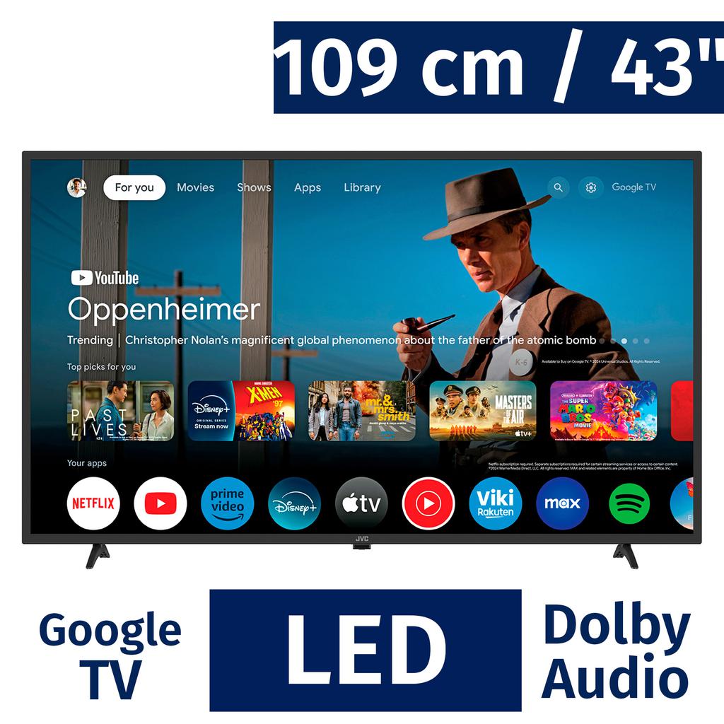 Televisor JVC 43 pulgadas Google TV con Dolby Audio y pantalla LED mostrando la interfaz de Google TV