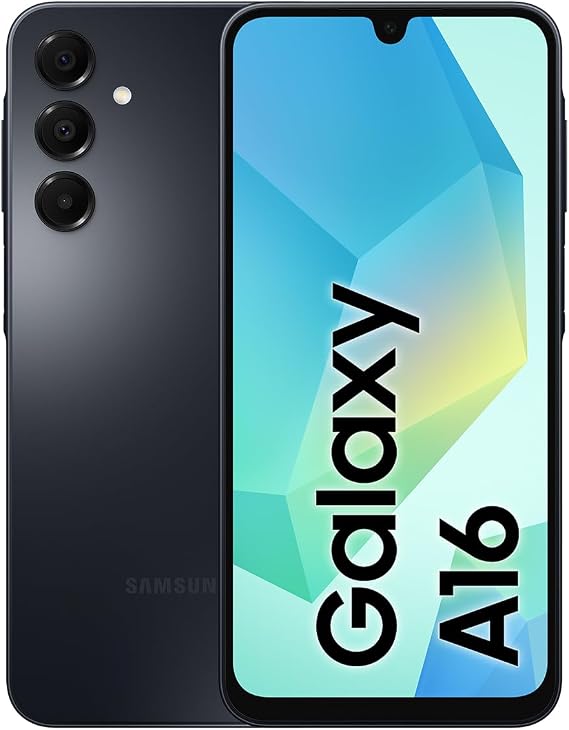 Samsung Galaxy A16 en tono oscuro, vista frontal con pantalla encendida y vista trasera