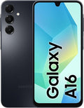 Samsung Galaxy A16 en tono oscuro, vista frontal con pantalla encendida y vista trasera