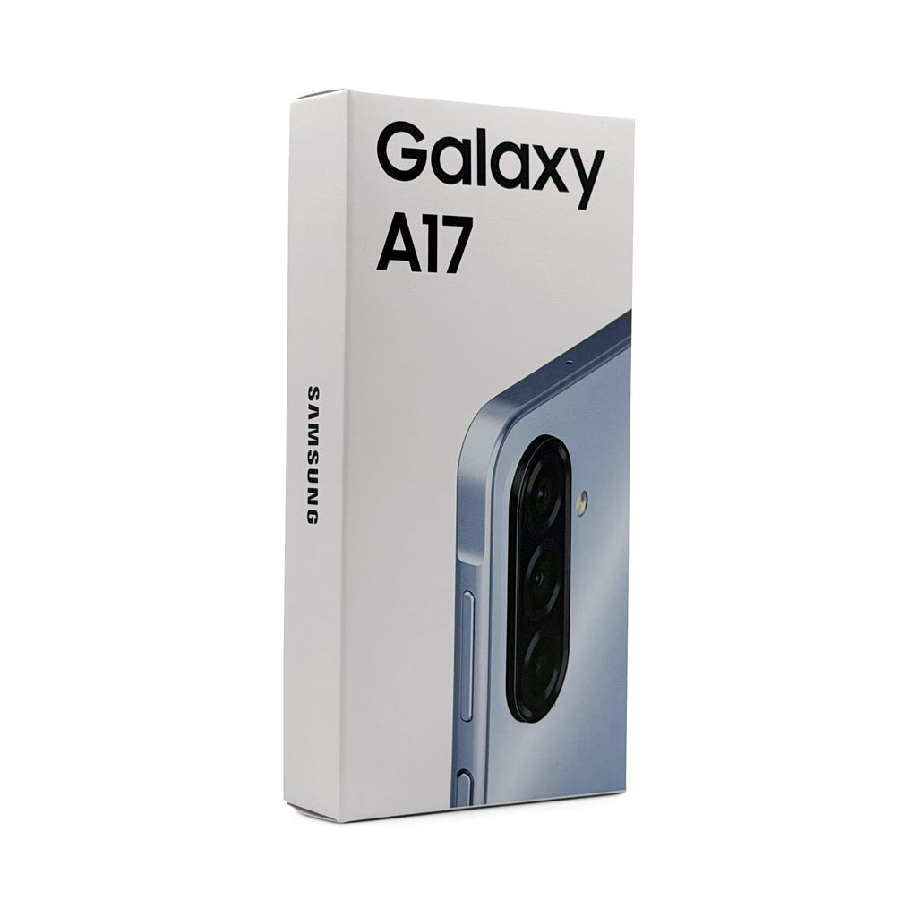 Caja Samsung Galaxy A17 con imagen del teléfono y módulo de cámaras traseras