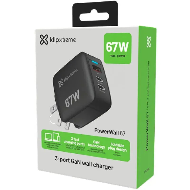 Cargador Klipxtreme PowerWall 67 – 67W GaN 3 Puertos USB-C y QC 3.0