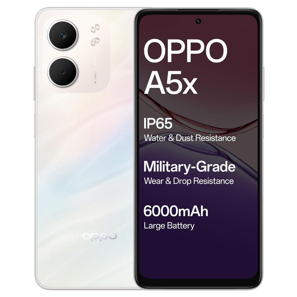 OPPO A5x en tono blanco, vista frontal y posterior con información de batería y resistencia