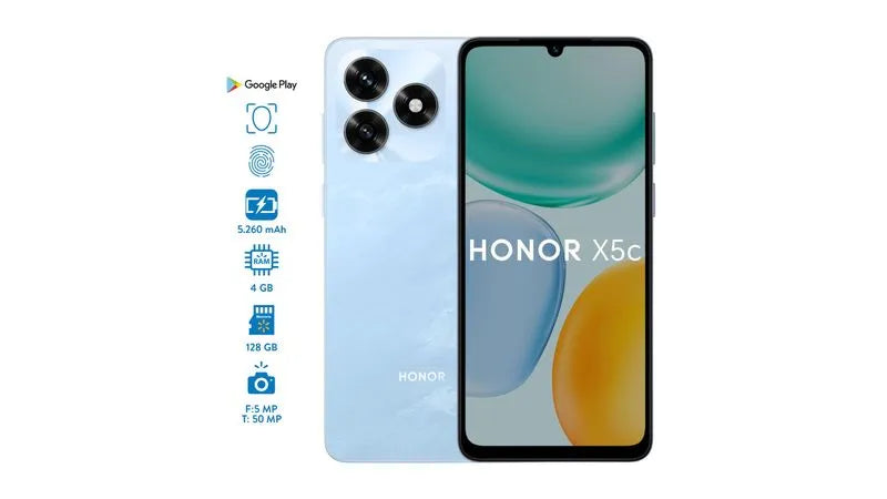 HONOR X5c de 128 GB, vista frontal y posterior en tono azul claro