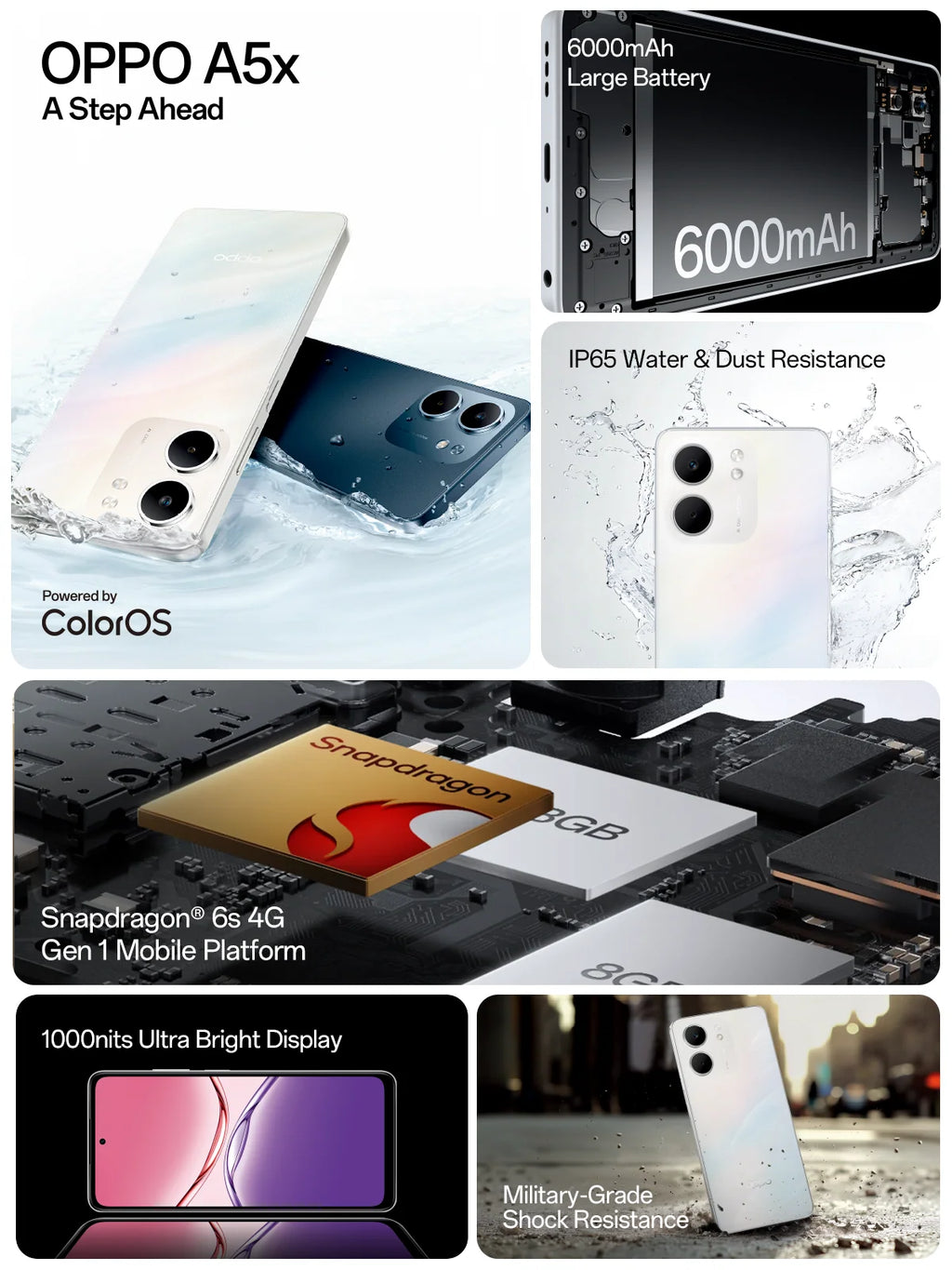 Infografía del OPPO A5x con batería de 6000 mAh y características del equipo
