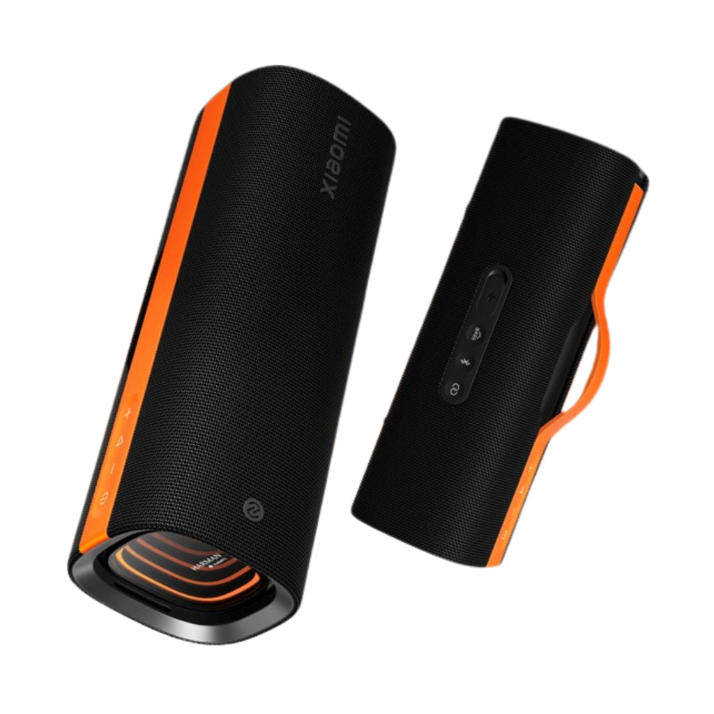 Parlante portátil Xiaomi Sound Party negro visto de frente con controles de reproducción