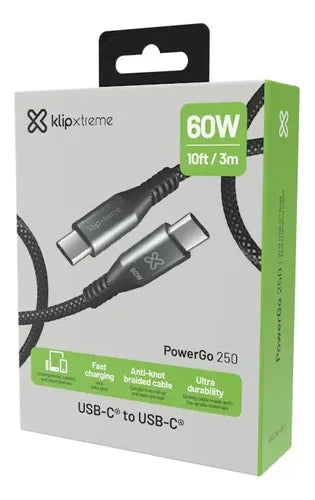 Cable USB-C a USB-C Klipxtreme PowerGo 250 – 60W Carga Rápida 3m Trenzado