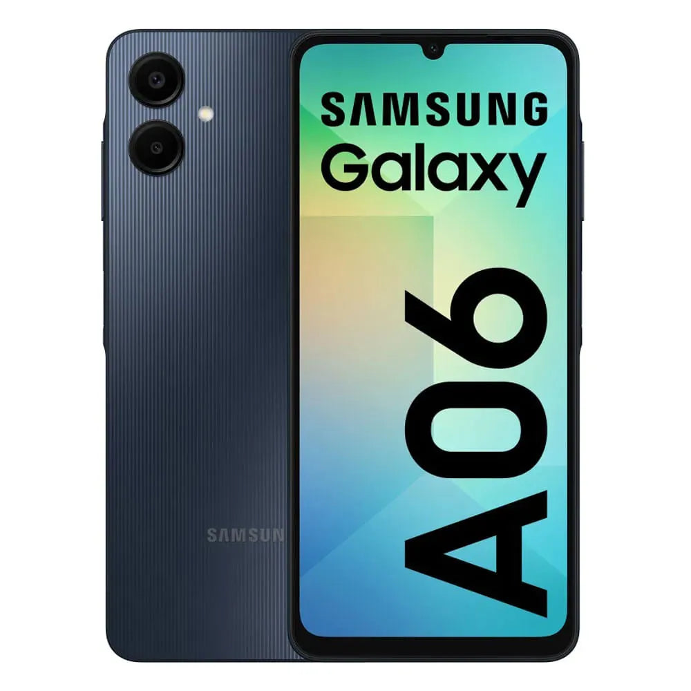 Samsung Galaxy A06 en tono azul oscuro, vista frontal y posterior