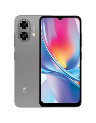 ZTE Blade A36E gris de 64GB con vista frontal y cámara trasera