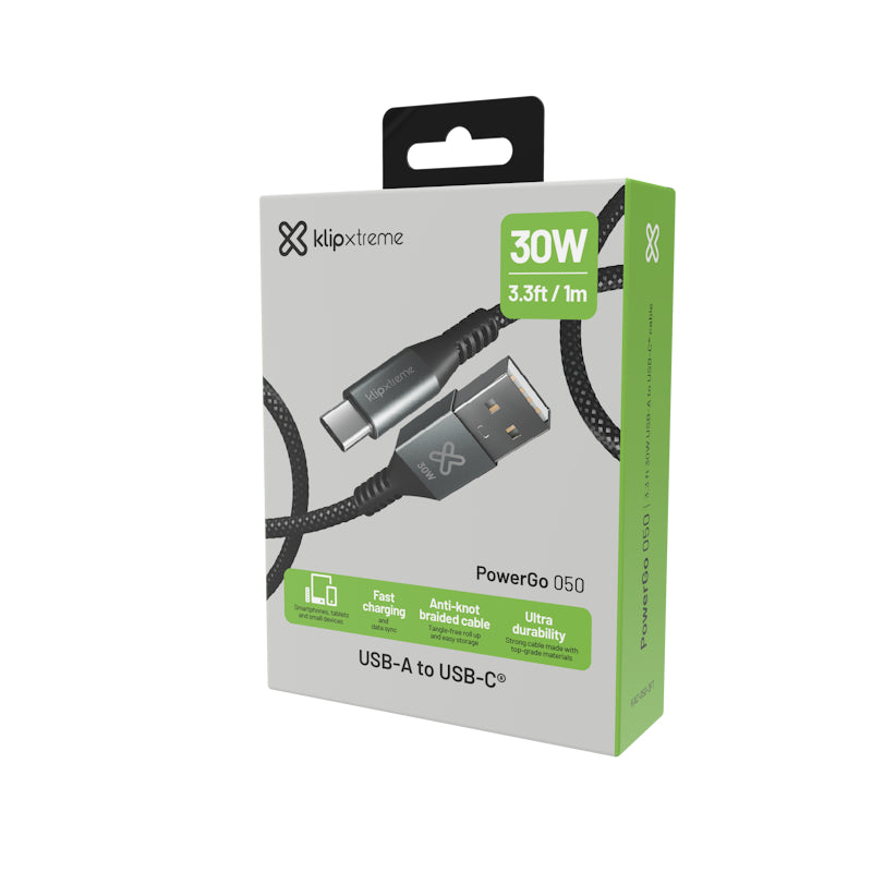 Cable USB-A a USB-C Klipxtreme PowerGo 050 – 30W Carga Rápida 1m Trenzado