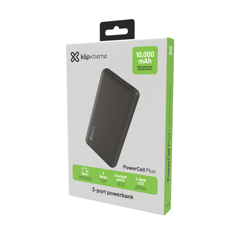 Power bank Klip Xtreme PowerCell Plus KPB-500 junto a audífonos y un teléfono