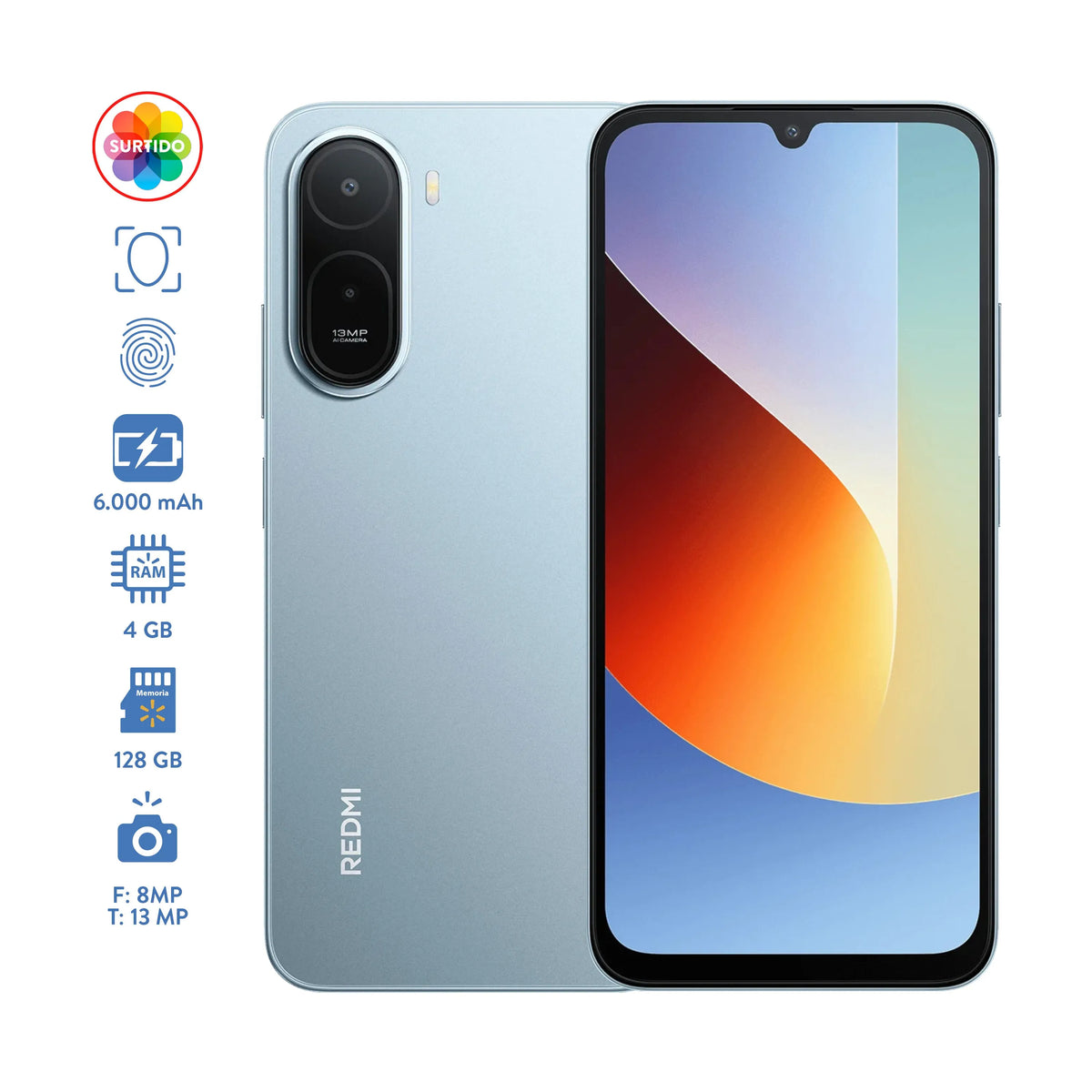 Redmi A7 Pro azul con especificaciones de 4 GB RAM, 128 GB y batería de 6000 mAh
