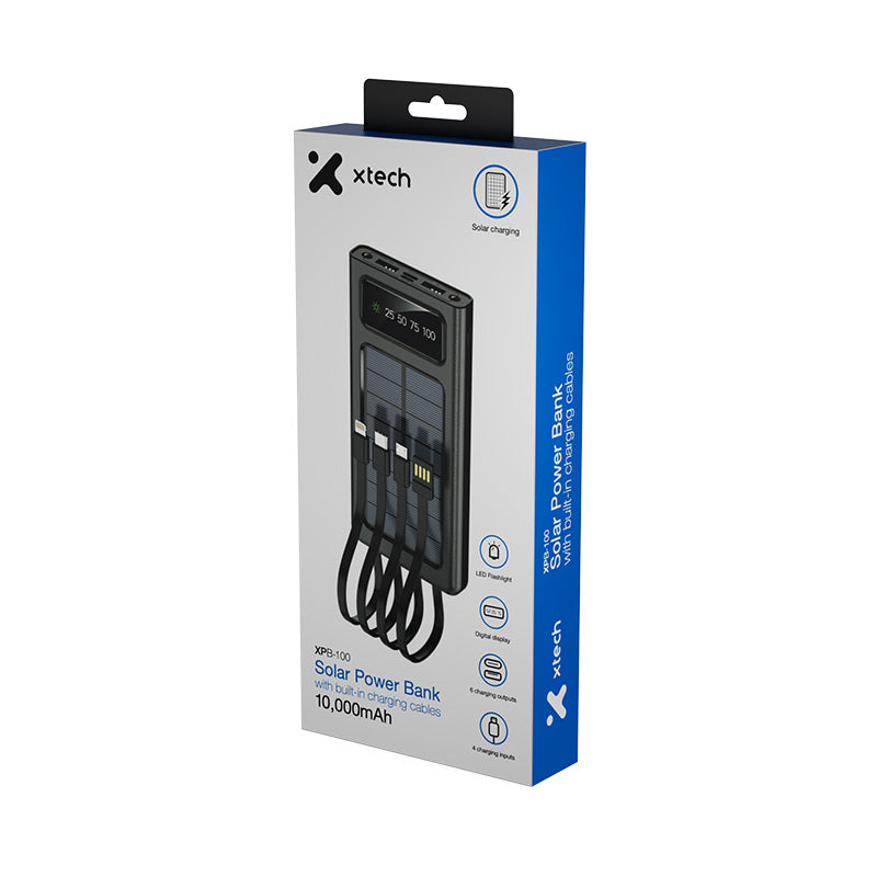 Power Bank Solar Xtech XPB-100 – 10,000mAh con Cables Integrados y Linterna LED