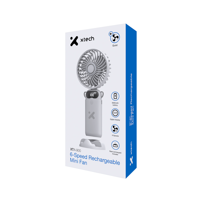 Empaque del mini ventilador Xtech XTA-900 con 6 velocidades, batería de 3600 mAh y pantalla digital
