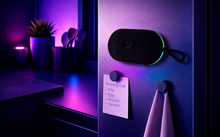 Parlante Xtech Pearl XTS-607 portátil con luces LED sobre una pared
