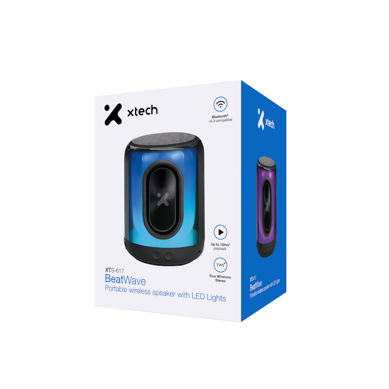 Empaque del parlante Bluetooth Xtech BeatWave XTS-617 con luces LED