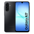 Samsung Galaxy A17 en tono oscuro, vista frontal con pantalla encendida y vista trasera