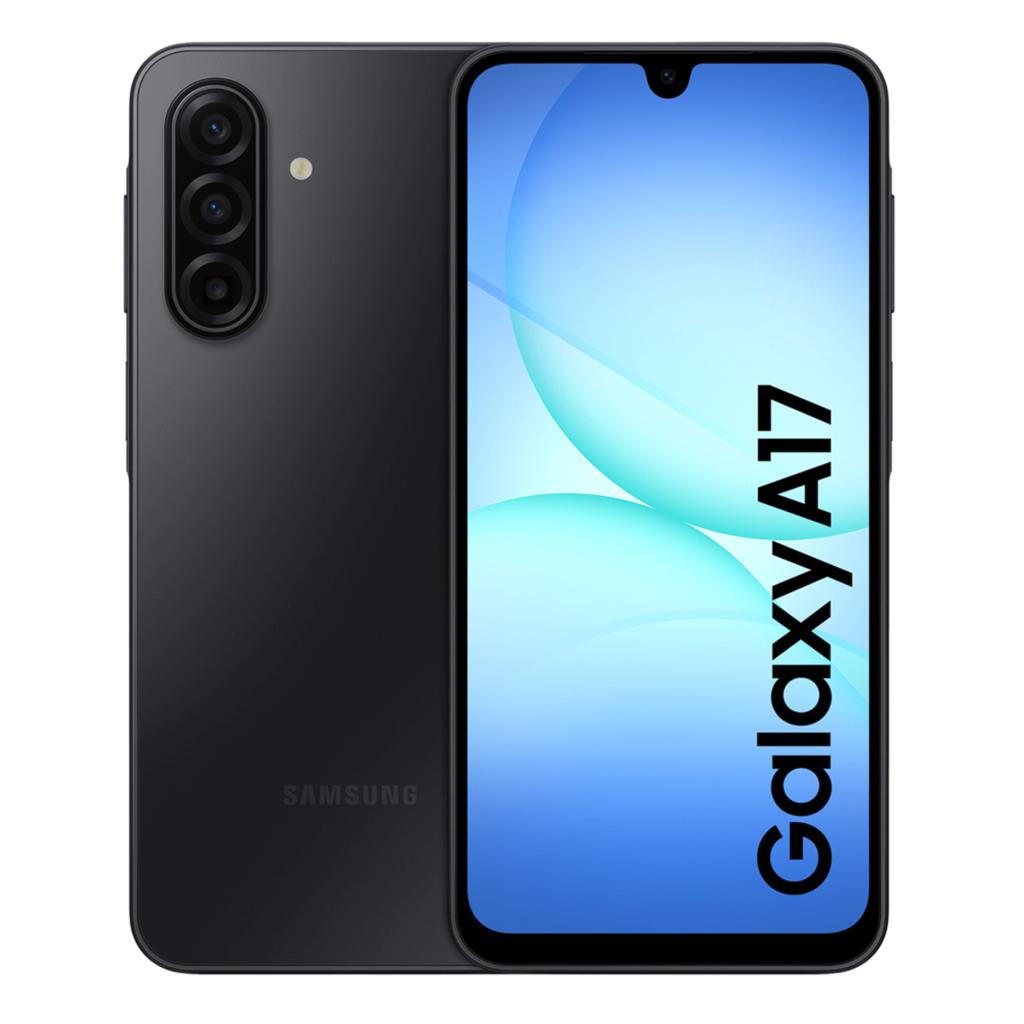 Samsung Galaxy A17 en tono oscuro, vista frontal con pantalla encendida y vista trasera