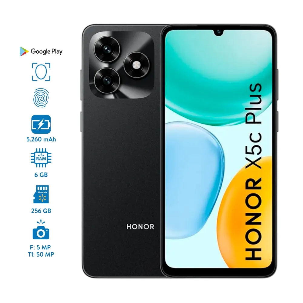 HONOR X5c Plus en tono claro junto a una tabla de especificaciones de 256 GB
