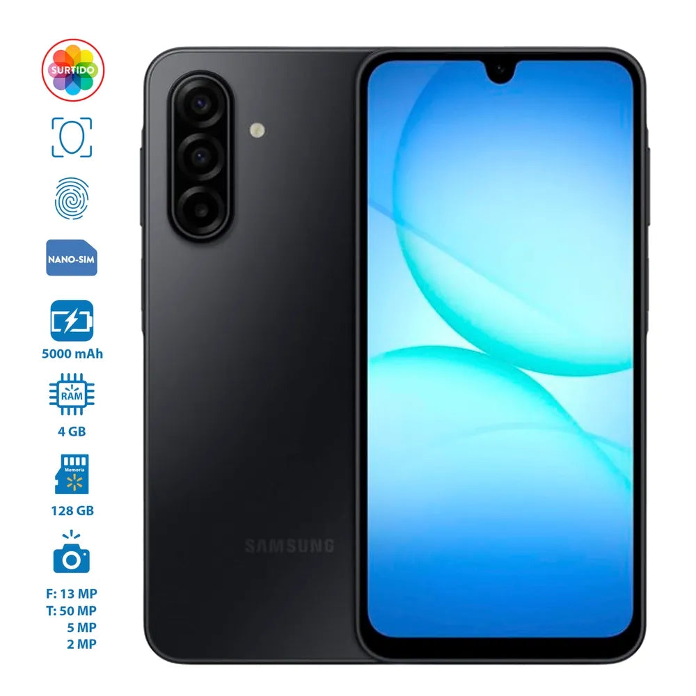 Samsung Galaxy A17 con especificaciones de 128GB, 4GB RAM, batería de 5000 mAh y cámaras
