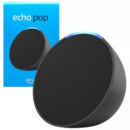 Echo Pop con su caja azul de Alexa, bocina inteligente compacta