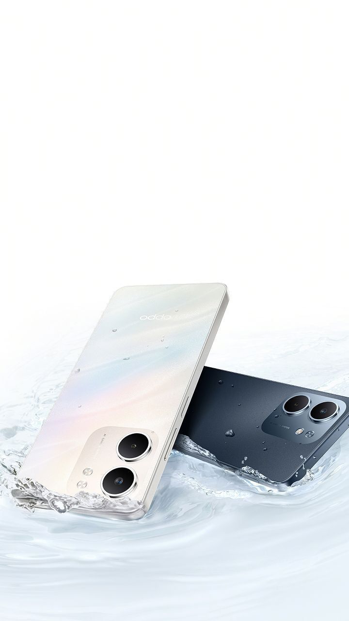 Imagen promocional del OPPO A5x en tonos claro y oscuro con salpicaduras de agua