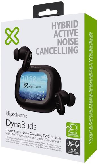Empaque de los audífonos Klip Xtreme DynaBuds KTE-800BK con cancelación activa híbrida de ruido