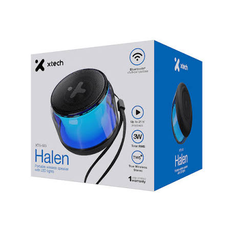 Empaque de la bocina Xtech Halen con indicaciones de Bluetooth, potencia de 3W y función TWS