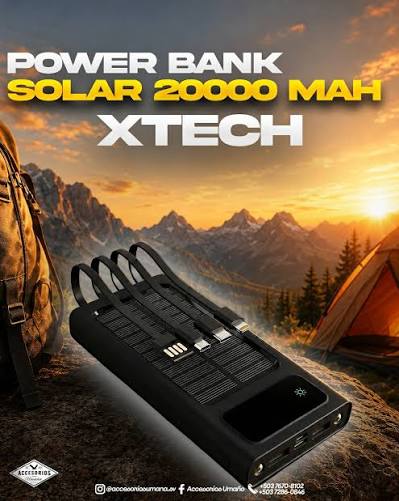 Power Bank Solar Xtech XPB-100 – 10,000mAh con Cables Integrados y Linterna LED