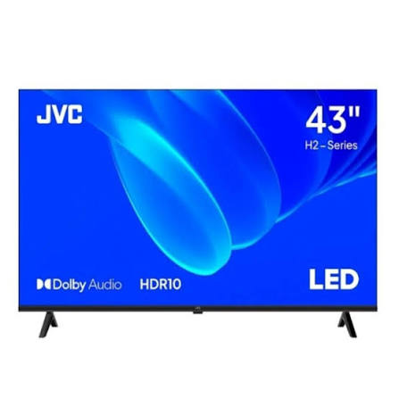 Televisor JVC 43 pulgadas Serie H2 LED con Dolby Audio y HDR10, vista frontal sobre fondo azul