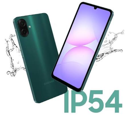 Samsung Galaxy A07 verde con salpicaduras y texto IP54 en imagen promocional