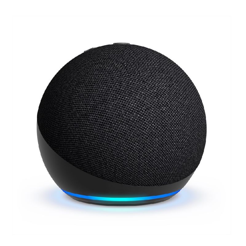 Amazon Echo Dot 5ta generación junto a su caja azul de 5ta generación