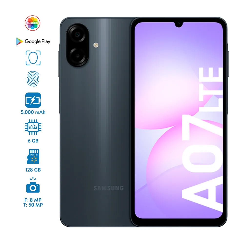 Samsung Galaxy A07 en tono oscuro, vista frontal y posterior con información de características