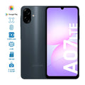 Samsung Galaxy A07 en tono oscuro, vista frontal y posterior con información de características