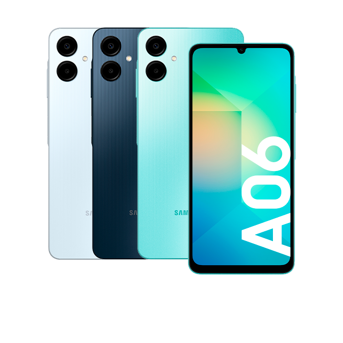 Samsung Galaxy A06 con vista frontal y partes posteriores en tonos claro, azul oscuro y verde