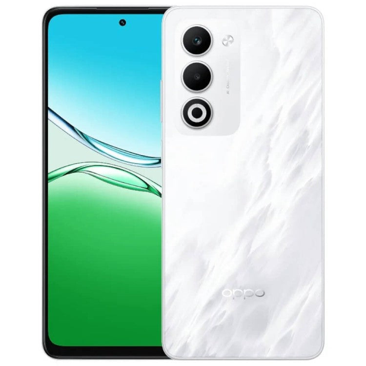 OPPO A5 en tono blanco, vista frontal y posterior