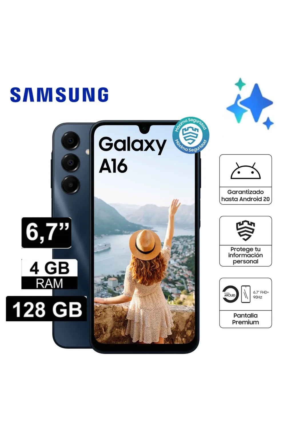 Imagen promocional del Samsung Galaxy A16 con 128GB, 4GB RAM y pantalla AMOLED de 6.7 pulgadas