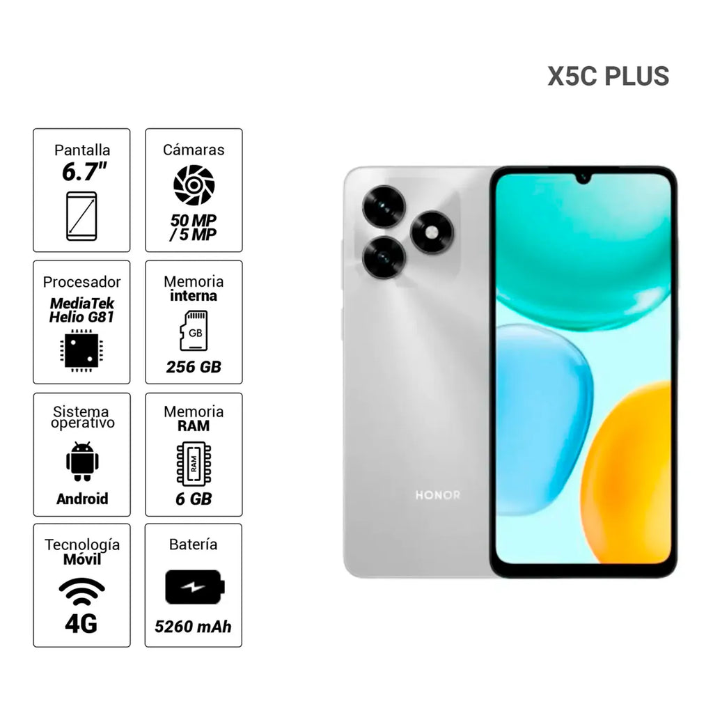 HONOR X5c Plus negro, vista frontal y posterior con información de características