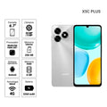 HONOR X5c Plus negro, vista frontal y posterior con información de características