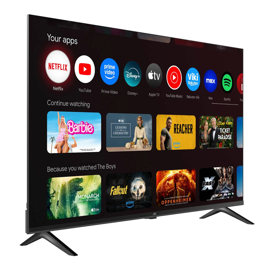Televisor JVC Google TV de 43 pulgadas mostrando apps de streaming como Netflix, YouTube, Prime Video, Disney+ y Max
