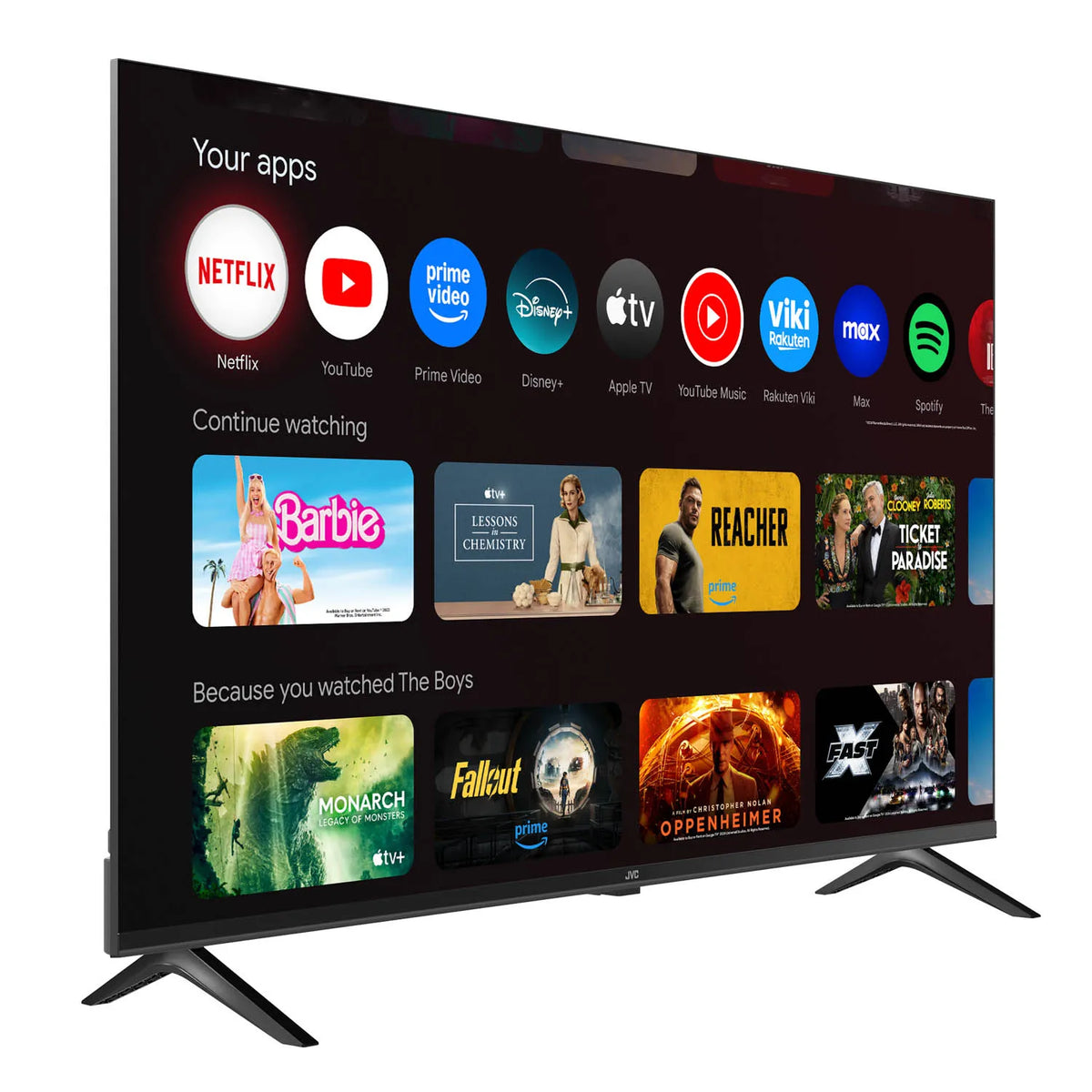 Televisor JVC Google TV de 43 pulgadas mostrando apps de streaming como Netflix, YouTube, Prime Video, Disney+ y Max